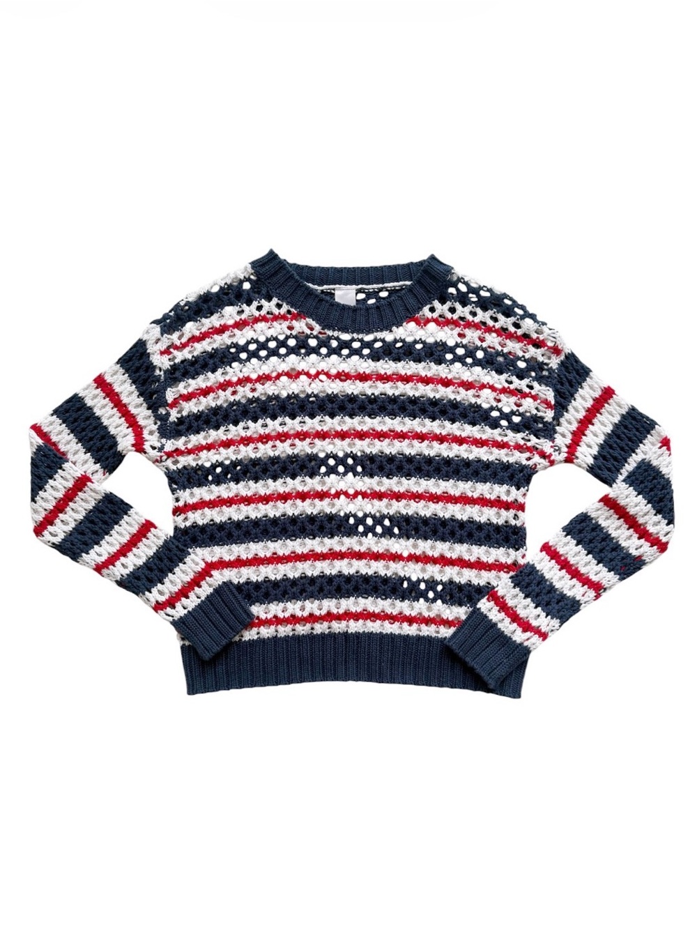 Nordstrom Open Crochet Cotton Sweater Red, White and Blue Stripe - Large 10/12